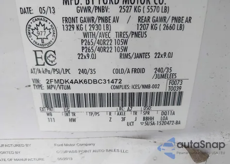 2013 Ford Edge Sport z USA, uszkodzony, nr VIN 2FMDK4AK6DBC31472